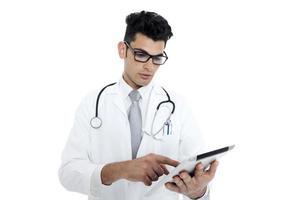 medical doctor with stethoscope and tablet photo