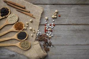Spices on wood spoons photo