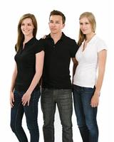Three young people wearing blank polo shirts photo