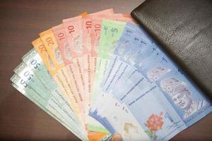 Malaysia money banknotes with brown wallet photo