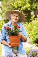 mujer mayor con flores en el jardín foto