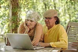 Senior couple looking at laptop screen