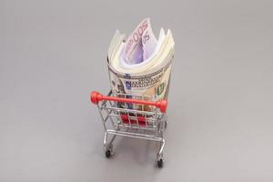 carrito de compras lleno de dinero (dólar, euro)