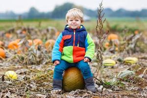 Toddler boy having fun sitting on huge  halloween pumpkin