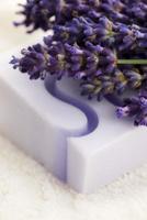 Bar of natural soap and lavender flowers photo