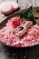Spa concept with soap and pink salt photo
