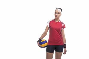 Portrait of Caucasian Professional Female Volleyball Player Equipped in Volleyball Outfit photo