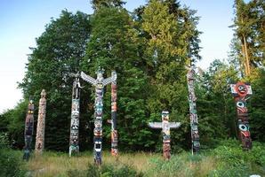 Indian painted totem poles in Stanley Park