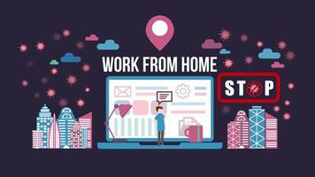 Using laptop in home to stop COVID-19 poster vector