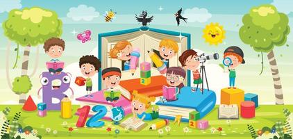 Cartoon Children Playing Around Books vector