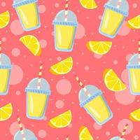 Lemon pieces and lemonade glasses with pink bubbles in the background 