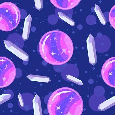 Moon shaped magic ball and amethyst crystal seamless pattern.