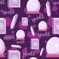 Alchemy seamless pattern with spell books, amethyst crystals and magic globe.  vector