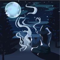 Night forest landscape with trees, stars and full moon. vector