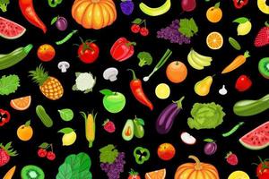 Fruits and vegetables pattern on black vector