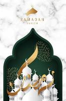 Tarjeta de felicitación de Ramadán Kareem con caligrafía de cinta dorada