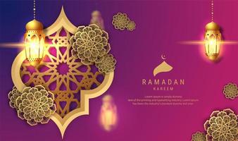 Ramadan Kareem Purple Background with Hanging Lanterns vector