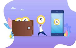 Person transferring money from smartphone to wallet. vector