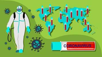 persona en traje de materiales peligrosos y mapa con coronavirus vector