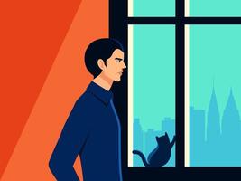 Hombre con gato en concepto de autoaislamiento de alféizar vector