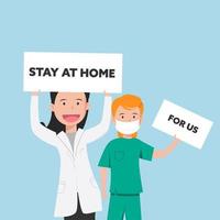 médico y enfermera con signos de quedarse en casa