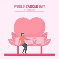 Día mundial del cáncer con una mujer sentada en un banco del corazón vector