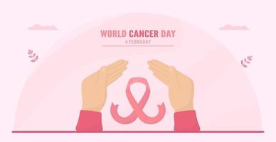 Día mundial del cáncer con las manos alrededor de la cinta del cáncer