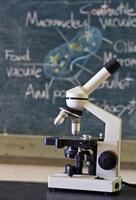 Old school microscope in classroom with blackboard