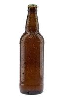 botella de cerveza fría y marrón aislada en blanco