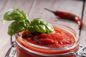 Sauce tomato and basil leaf photo