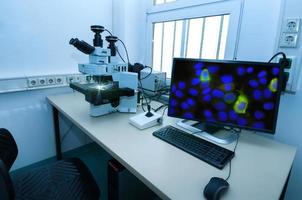 Modern microscope station in research facility photo