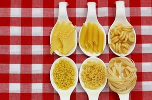 Uncooked pasta on spoons on checkered cloth with copy space