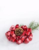 Christmas white plate witn decoration. Top view with copy space. photo