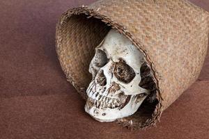 Human skull in wicker basket