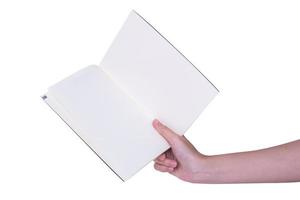 mujer (mujer) dos manos sostienen un libro vacío (en blanco) (nota, diario)