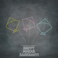 three kites illustration on chalkboard of happy makar sankranti