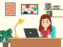 Woman working on laptop at home vector