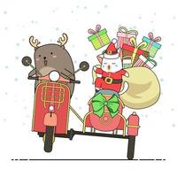 Reindeer and Santa Clause Cat Riding Motorcycle with Sidecar vector