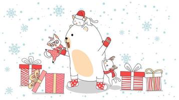 Polar Bear with Cats Climbing on Him in Middle of Gifts vector