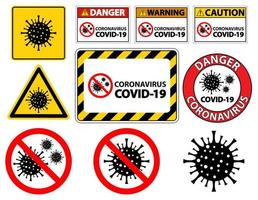 conjunto de signos de precaución y advertencia de coronavirus y covid-19 vector