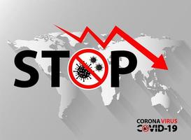 detener el texto con el icono de coronavirus en el mapa mundial vector