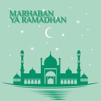 Ramadán Kareem cartel en verde con mezquita en la noche vector