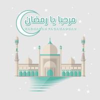 Marhaban yaa ramadan design with mosque and moon vector