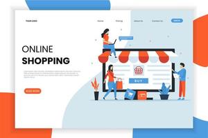 People shopping on computer landing page vector