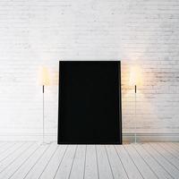 Foto de marco negro en el piso blanco. Representación 3d