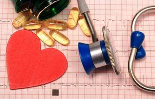 estetoscopio, gráfico de electrocardiograma, tabletas y forma de corazón