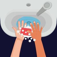 Hand washing with soap in sink vector