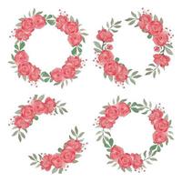 Red Rose Flower Wreath Hand Painted Watercolor Style Set vector