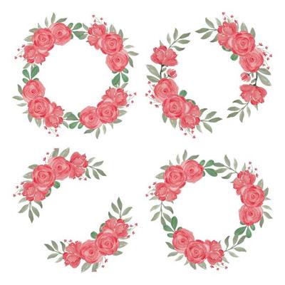 Red Rose Flower Wreath Hand Painted Watercolor Style Set