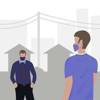 Social Distancing People in Town Wearing Masks vector